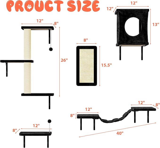 10 Pcs Cat Wall Shelves Set, Wall-Mounted Climber with Cat House, Scratching Post, Bridge, Hammock, Space-Saving Play Furniture, Black