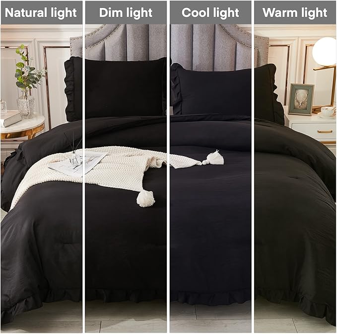Andency Black King Size Comforter Set, 3 Pieces Farmhouse Shabby Chic Bedding Comforters & Sets, Soft Fluffy Lightweight All Season Down Alternative Bed Blanket Set