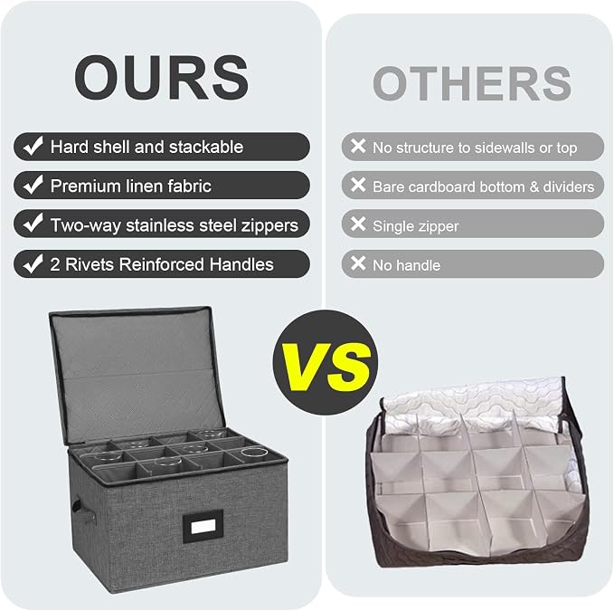 Mayniu Stemware Storage Cases, Wine Glass Storage Box with Dividers | Hard Shell Top, Stackable for Crystal, Glassware Storage Containers for Packing, Moving & Home (17"x13"x10" Black)