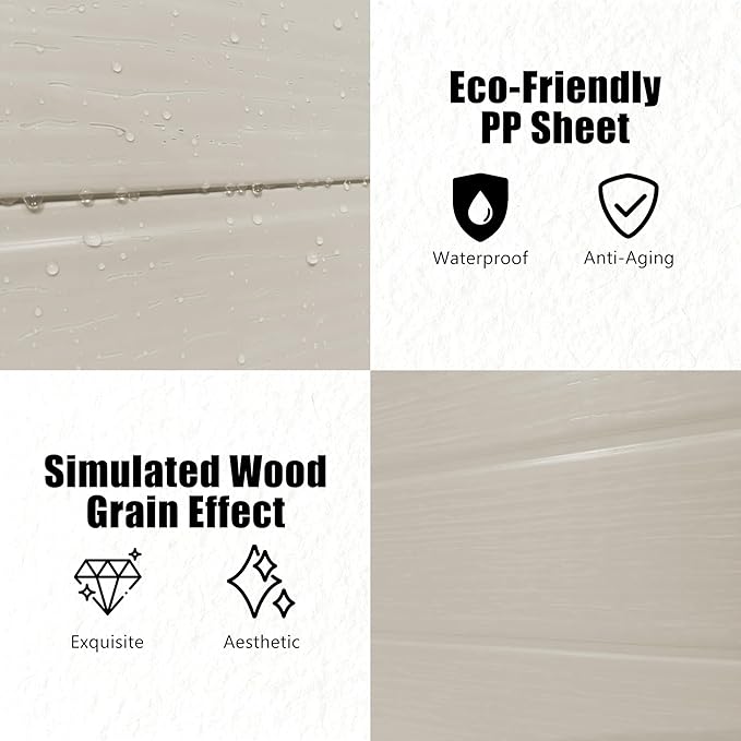 Outdoor Shed 5x3/6x4/7x7/8x6/8x10/8x12 FT, 15MM Thick PP Resin Plastic Shed with Lockable Door & Floor - Waterproof Plastic Tool Shed for Bike, Garbage Can, Backyard, Patio ﻿ ﻿ (Light Brown, 6x4FT)