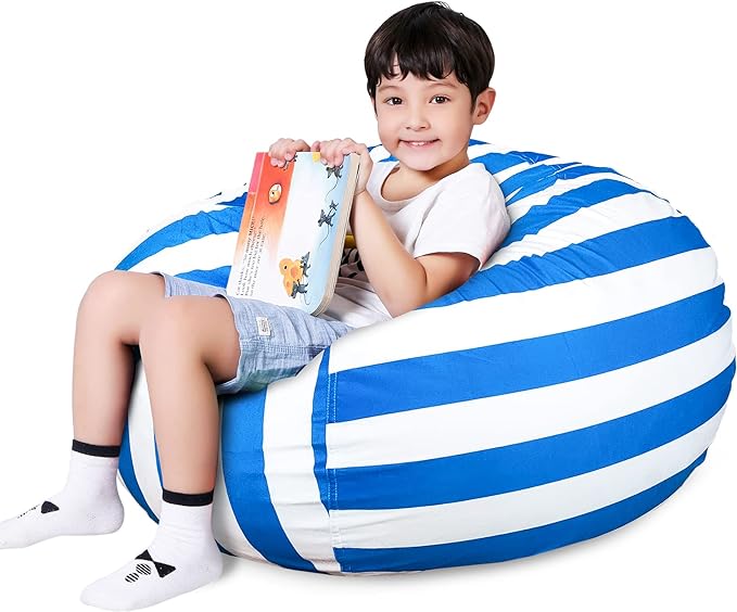 Lukeight Stuffed Animal Storage Bean Bag Chair Cover for Kids, Zipper Beanbag Chair Cover for Organizing Toddler & Kids' Rooms Plush Toys (Blue+White Velvet, X-Large)