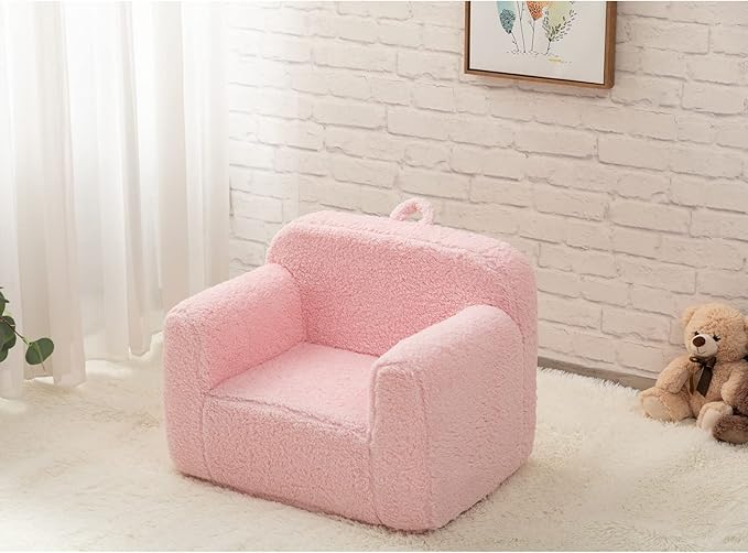 ALIMORDEN Kids Ultra-Soft Snuggle Foam Filled Chair, Toddler Cuddly Sherpa Reading Couch for Boys and Girls, Pink