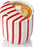Ceramic Mug with Sip Hole 10 oz Novelty Red Striped Ceramic Coffee Mug Hand Painted Travel Mugs Heat Resistant Non Slip Built in One Lid Handcraft Mugs for Coffee Lovers Appreciation Gift