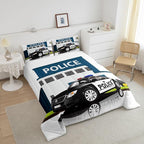 Erosebridal Police Car Comforter Sets King Size, Policeman Boys Bedding Set for Kids Boys Children Teens Bedroom Decor, Polica Vehicle Quilt Cartoon Automobile Duvet Insert with 2 Pillow Cases