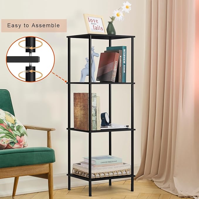 melos 4 Tier Bookshelf, Classically Tall Bookcase Shelf Storage Organizer, Modern Book Shelf for Bedroom, Living Room and Home Office, Black