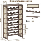 24 Bottle Wine Rack Freestanding Floor, Wine Bottle Holder, Boho Pine Wood & Rattan Mesh Wave Design, for Kitchen Bar Cellar Storage, 16.5" x 9.1" x 29.5"