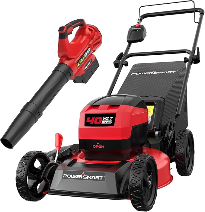 PowerSmart 40V 17" Brushless Cordless Lawn Mower + Leaf Blower (465 CFM), a 4.0Ah Battery and Charger Included