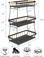 3-Tier Fruit Basket with Banana Hangers, Detachable Metal Bowl | Wooden handle, protective mats included. Versatile holder for bread, snacks, and veggies. Large 3 tier metal design.