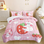 Strawberry Rabbit Comforter Set for Kids Teens Girls Women,Pink Bunny Kids Comforter,1 Comforter with 2 Pillowcase, Microfiber 3 Piece Bedding Set,for All Seasons(Pink，Queen Size)