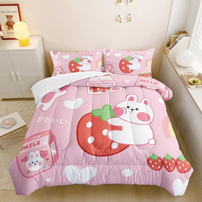Strawberry Rabbit Comforter Set for Kids Teens Girls Women,Pink Bunny Kids Comforter,1 Comforter with 2 Pillowcase, Microfiber 3 Piece Bedding Set,for All Seasons(Pink，Queen Size)