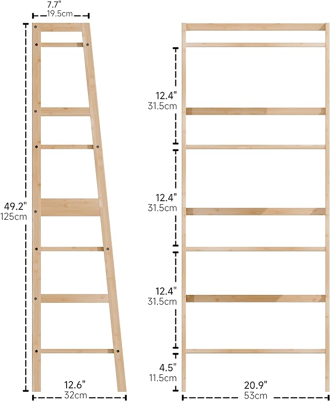 Ladder Shelf, 4-Tier Bookshelf, Bamboo Leaning Bookcase, Display Storage Rack Organizer, Freestanding Flower Plant Stand for Living Room, Home Office, Kitchen, Natural