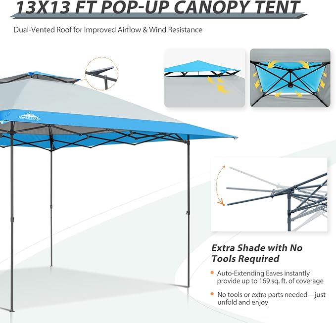 EAGLE PEAK 13x13 Straight Leg Pop Up Canopy Tent Instant Outdoor Canopy Easy Single Person Set up Folding Shelter w/Auto Extending Eaves 169 Square Feet of Shade (Light Blue)