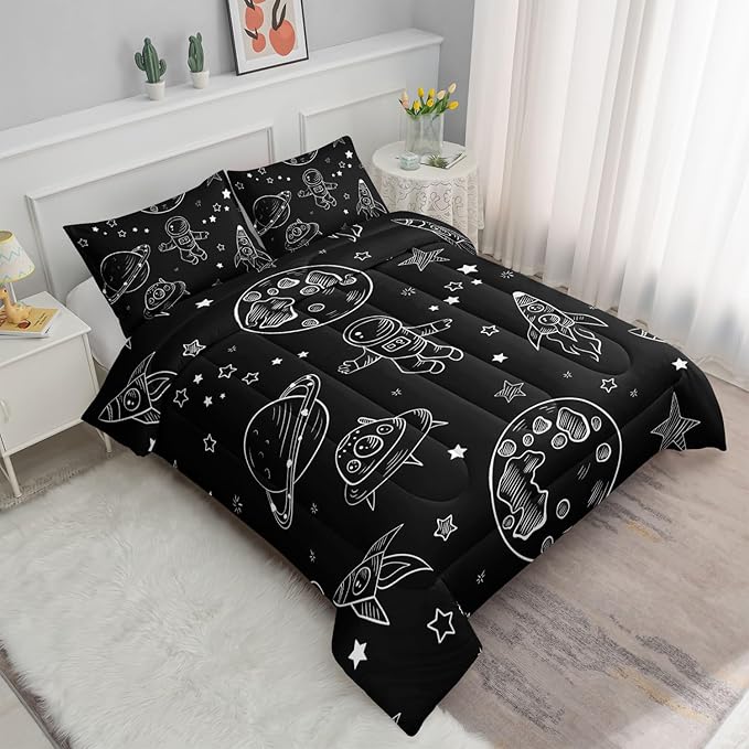 Datura home Kids Space Astronaut Comforter Set for Boys Kids Children,Galaxy Space Ship Astronaut Rocket Printed Bedding Set with 1 Comforter and 2 Pillowcases(Space Galaxy Twin), Twin 68x86inches