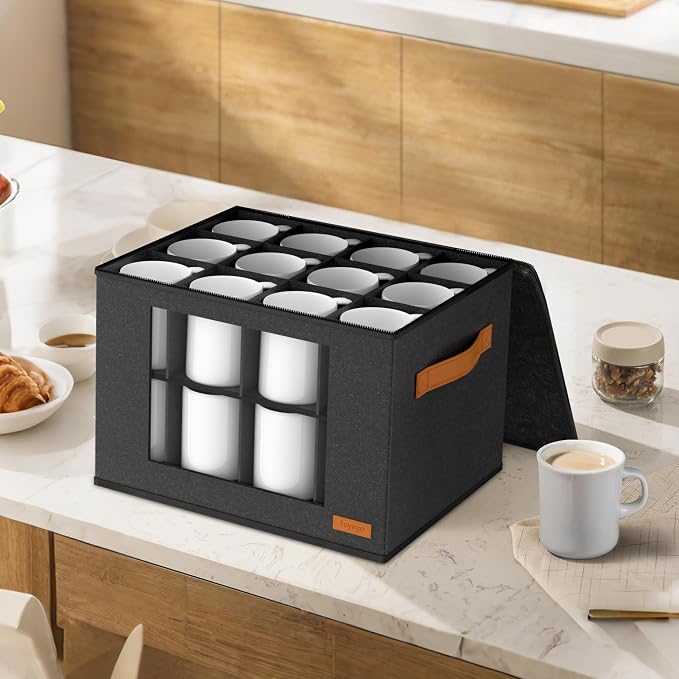 Foyego Cup and Mug Storage Box with 24 Dividers, Dark Gray, 2-Layer | with Lid, Visible Window, Soft Handles, for Packing and Moving, Stackable Storage Containers for Coffee Mug Cups and Glasses