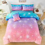 PERFEMET Mermaid Comforter Set for Girls 6 Pieces Rainbow Glitter Twin Size Kids Bedding Set Purple Pink Ombre Mermaid Scale Print Bed in A Bag Comforter Set with Sheets