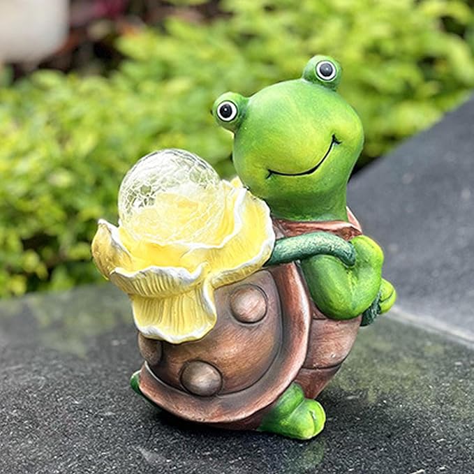 Solar Garden Turtle Statue with LED Light Decorative Cute Turtle Carrying Lantern Design Outdoor Lawn Ornament(Yellow Flower)