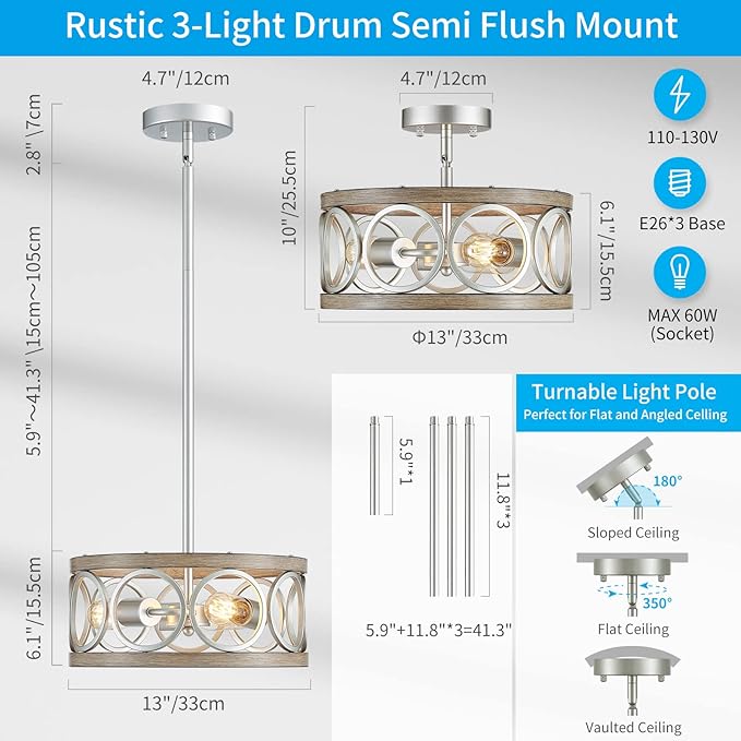 XINGQI Modern Ceiling Light Adjustable Height Pendant Lighting Fixture Brushed Nickel Wood Grain Metal 13" Rustic Round Lights for Dining Room Kitchen Bedroom Foyer Hallway