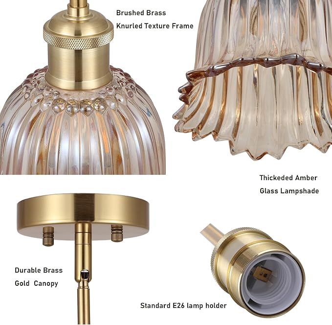 Modern Gold Pendant Light 3 Pack Brushed Brass Mid Century Chandelier Amber Glass Shades Adjustable Rods Farmhouse Ceiling Hanging Lighting Fixture Kitchen Island Dining Room Bedroom