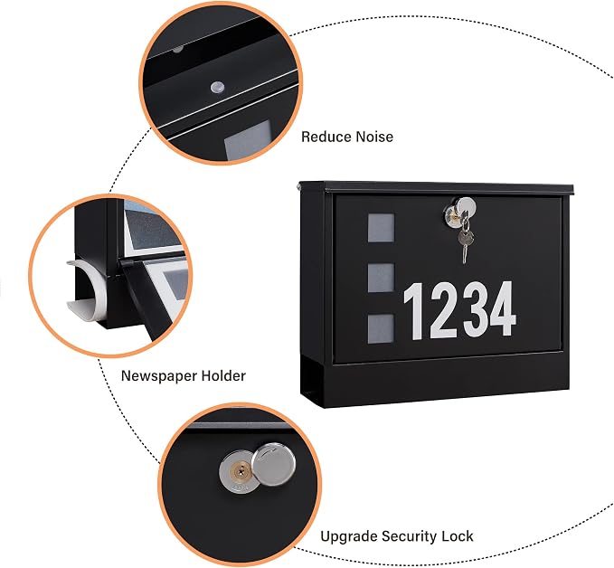 LAND·VOI Locking Mailbox Wall Mounted, Metal Postbox with Three Sets of Mail Box Number Stickers, 4 Keys, 14.4" x 4.5" x 11.2", Large Capacity, Black, AMB11B