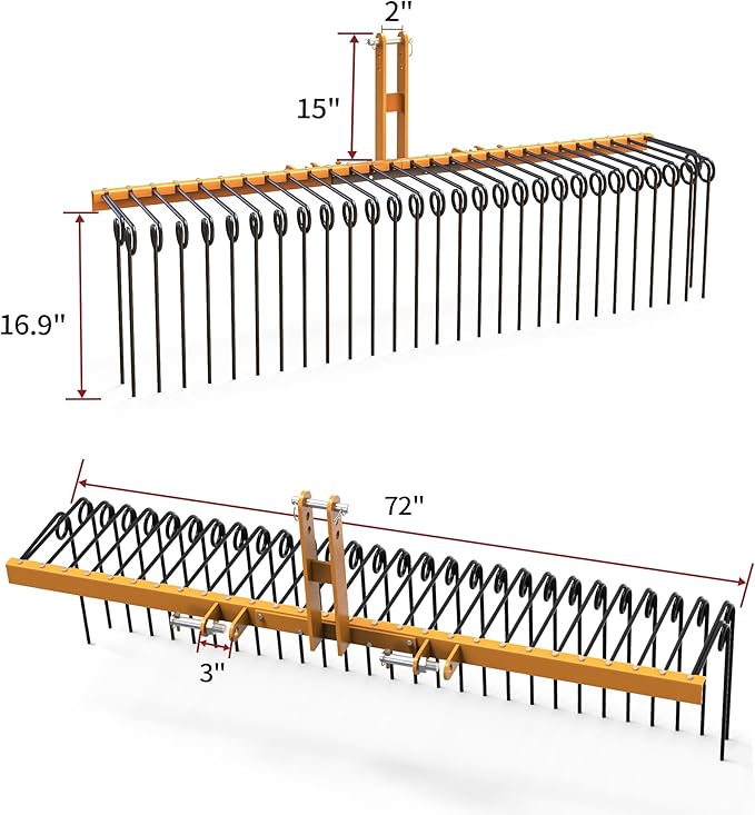 YITAMOTOR 72" Tow Behind Landscape Rake, 3 Point Quick Hitch Lawn Dethatcher Rakes with 32 Steel Tines for Category 1 Tractors, Heavy Duty Powder Coated Finish Tools for Leaves, Pine Needles, Straw