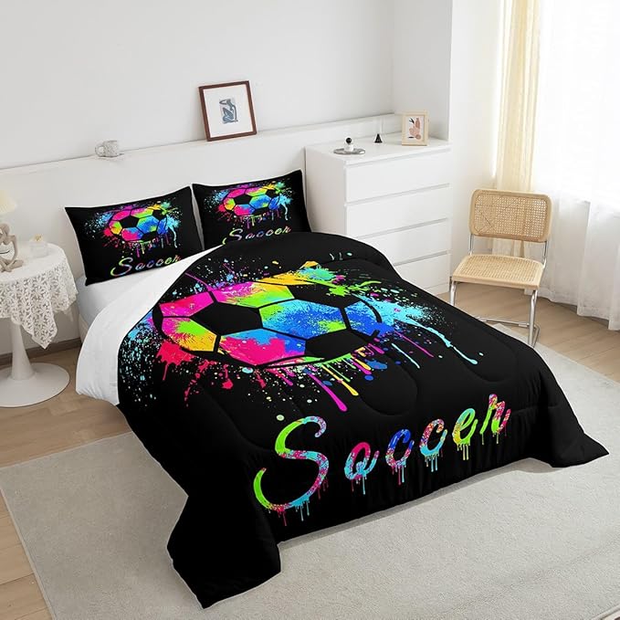 Kids Soccer Ball Game Comforter Set Full Size Football Bedding Set for Boys Girls Teens Bedroom Decor Rugby Sports Comforter American Football Player Duvet Set with 2 Pillow Case