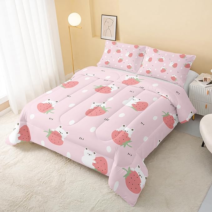 Cartoon Bear Comforter Twin Size,Pink Strawberry Comforter Set for Kids Teens Girls,3Pcs Bedding Set Printed Comforter with 2 Pillowcases,Down Alternative,Soft and Lightweight，Twin Size