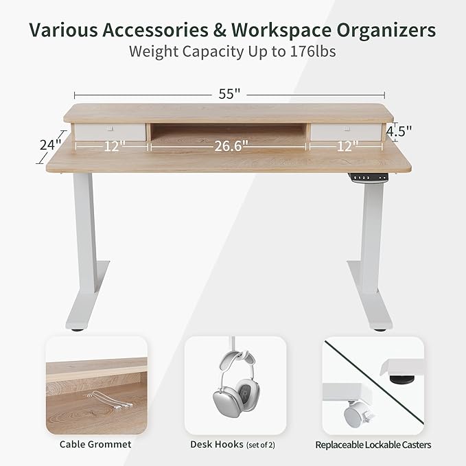 FEZIBO 55 x 24 Inch Height Adjustable Electric Standing Desk with Double Drawer, Stand Up Desk with Storage Shelf, Sit Stand Desk, Maple