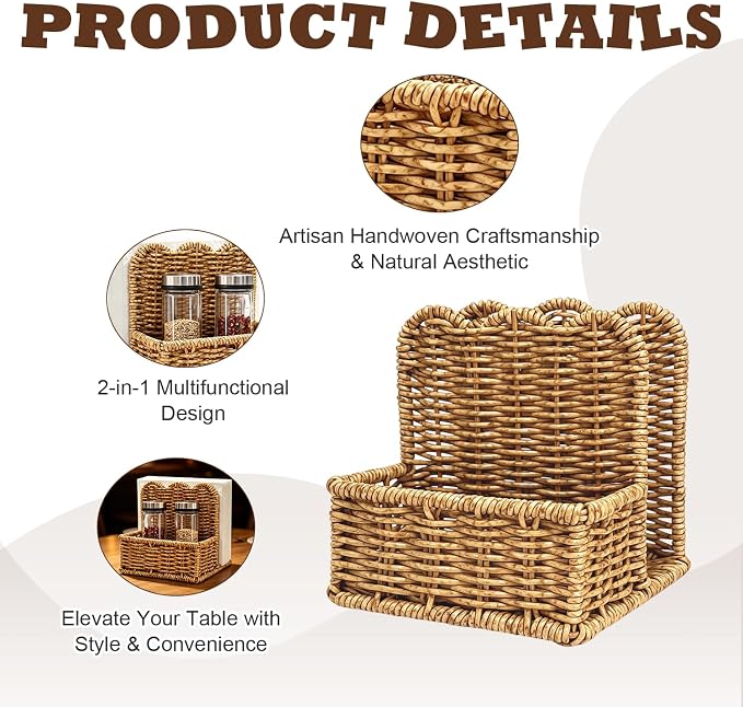 Plastic Rattan Scalloped Perimeter Napkin Holder for Table, Salt and Pepper Shakers Holder - Countertop Organizer for Rustic Room Decor (Without Salt, Pepper Shakers & Napkins) (Subdued Brown)