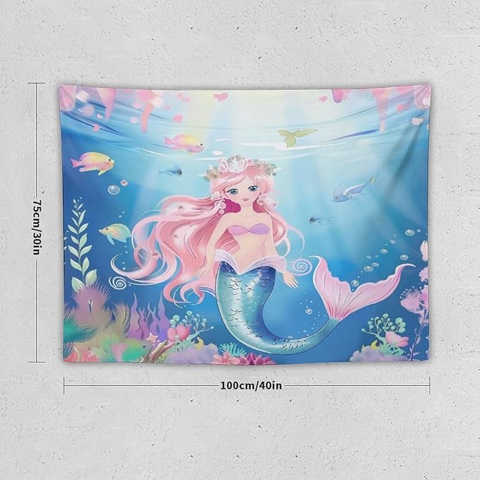 HZOHNAGO Mermaid Girls Tapestry Watercolor Mermaid Princess Pattern Printed Wall Tapestry Wall Hanging for Bedroom Living Room Dorm 40" W x 30" H