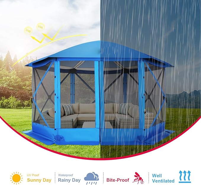 COBlZl Pop Up Gazebo 12x12 Screen House Tent for Camping, Outdoor Instant Stargazing Gazebo Canopy with Awning 2.0, Portable Hub Tent with Removable Sidewalls,Pavilion for Backyard,Blue