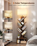 6 Tier Tree Bookshelf with Light, Small Bookcase Tower for Books/CDs/Movies, Sturdy Tall Floor Standing Book Organizer with Storage Cabinet for Living Room, Bedroom and Home Office
