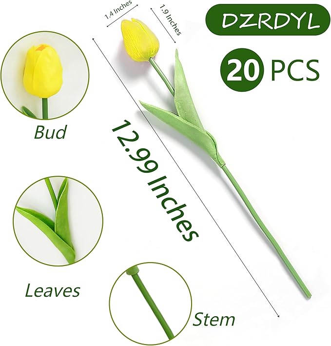20pcs Yellow Artificial Tulip Fake Flower 12.9 Inch Spring Mother's Day Easter Gift for Home Kitchen Wedding Decoration