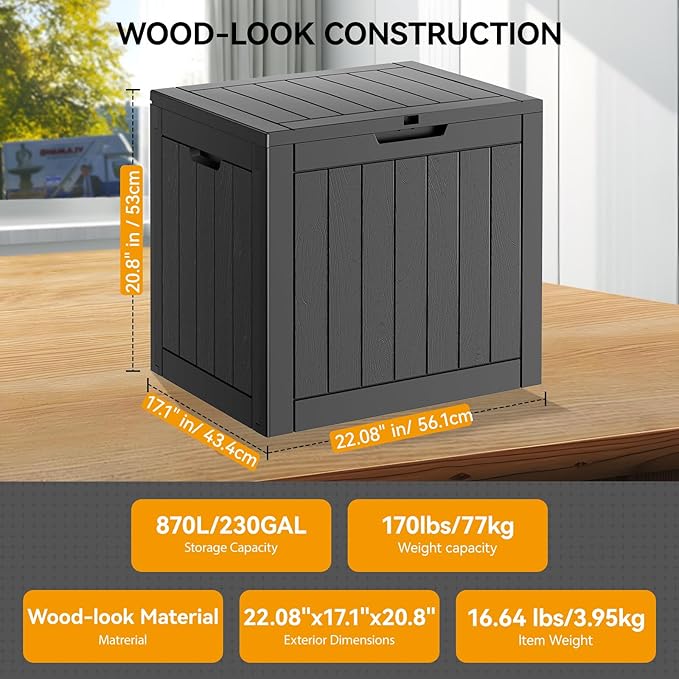 KAMABOKO Deck Box, 32 Gallon Resin Indoor and Outdoor Storage Boxes Waterproof for Garden Tools, Pool Accessories Storage Bench, Patio Furniture and Cushions with Lockable Lid, Black
