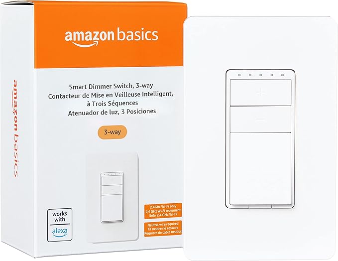 Amazon Basics Smart Dimmer Switch, 3-Way, Works with Alexa Only, 2.4 GHz Wi-Fi, No Hub Required, White