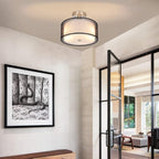 FOLKSMATE Semi Flush Mount Ceiling Light Fixture, 3-Light Drum Light with Double Fabric Shade, Modern Black Close to Ceiling Lighting for Living Room, Bedroom, Dining Room, Kitchen, Hallway, Entry
