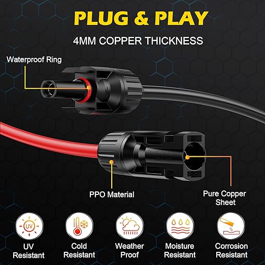 10Ft Solar Cable Solar Extension Cable,10AWG Solar Panel Extension Cable with Female and Male Connectors,Waterproof Solar Extension Cable Kit (Red and Black).