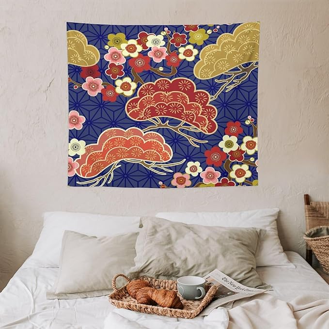 HZOHNAGO Japanese Tapestry Art Abstract Colorful Cherry Blossom Blue Background Pattern Printed Wall Tapestry Painting Wall Hanging for Bedroom Living Room Dorm 60" W x 50" H