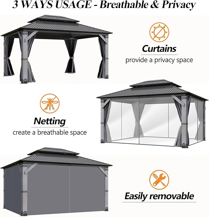 GARTOO 12' x 16' Outdoor Wood Gazebo - Permanent Wooden Hardtop Gazebo Pavilion with Double Curtains, Galvanized Steel Roof Cedar Wood Gazebos for Poolside, Garden, Lawn, Backyard Deck