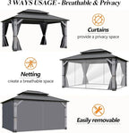 GARTOO 12' x 16' Outdoor Wood Gazebo - Permanent Wooden Hardtop Gazebo Pavilion with Double Curtains, Galvanized Steel Roof Cedar Wood Gazebos for Poolside, Garden, Lawn, Backyard Deck