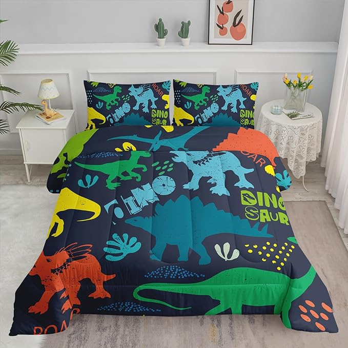 Axolotl Boys Bedding Cartoon Dinosaur Comforter Set Queen Size,Cute Dinosaur Bedding Set for Kids Boys Girls Teens Adults Room Decor,Kids Comforter Set All Season,1 Quilt 2 Pillow Cases,Purple