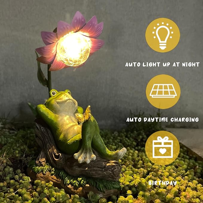 Solar Frog Garden Decor Outdoor Statue - Frogs Umbrella LED Waterproof Sculptures Lights, Patio Pathway Frog Figurine for Yard Decoration Lawn Ornament Gardening Gifts for Women Mom Grandma