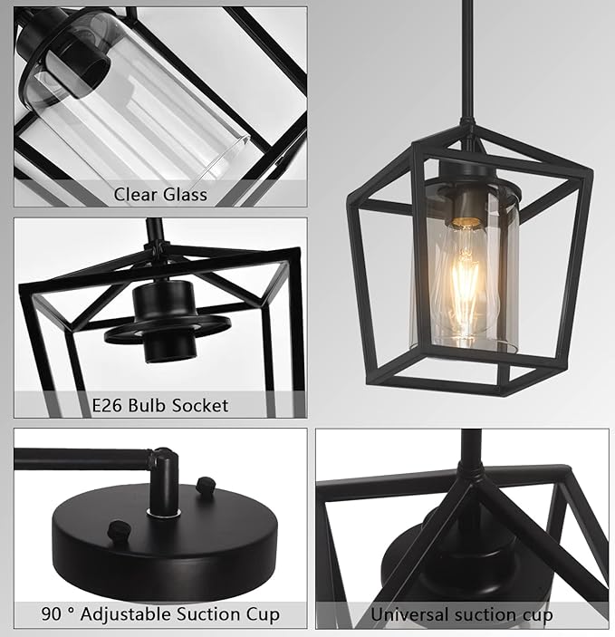 1 Pack Black Pendant Light Fixture Farmhouse Iron Cage Metal Pendant Light Lantern Hanging Light Fixtures with Clear Glass Shade for Kitchen Island, Dining Room, Hallway,Entryway1