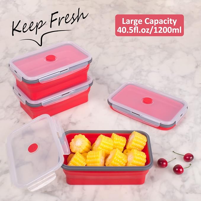 Collapsible Food Storage Containers with Airtight Lid & Air Vent, 40.5 oz, Kitchen Stacking Silicone Collapsible Meal Prep Container Set for Leftover, Microwave Freezer Dishwasher Safe, Red, Set of 4