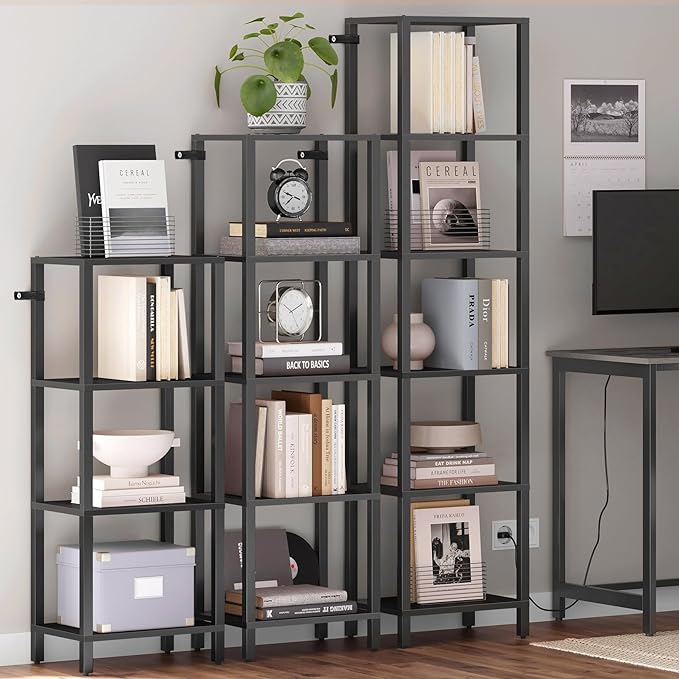 TUTOTAK Bookshelf, 5-Tier Tall Book Shelf, Narrow Bookcase for Small Space, DIY Stackable Bookshelf, for Living Room, Office, Study, Entryway, Industrial, Black BS01BK005