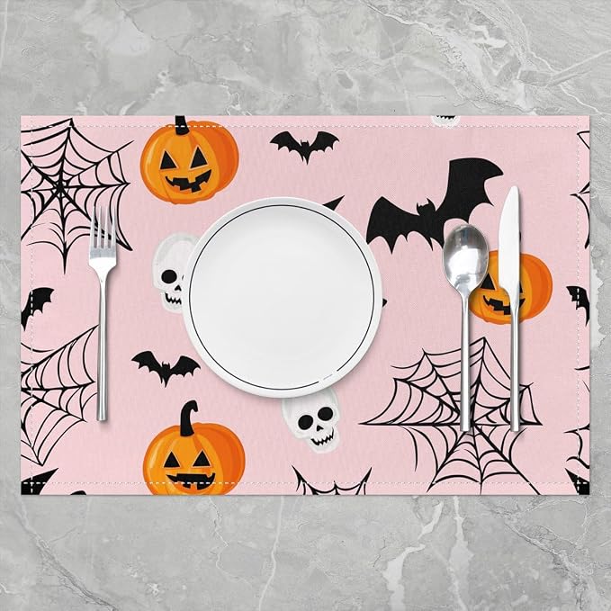 Feelyou Happy Halloween Placemats Set of 4 Pumpkin Lantern Skull Table Mats for Party Kitchen Dining Decoration Holiday Seasonal Pink Orange White Place Mat for Dinner Table Indoor Outdoor 18"x12"