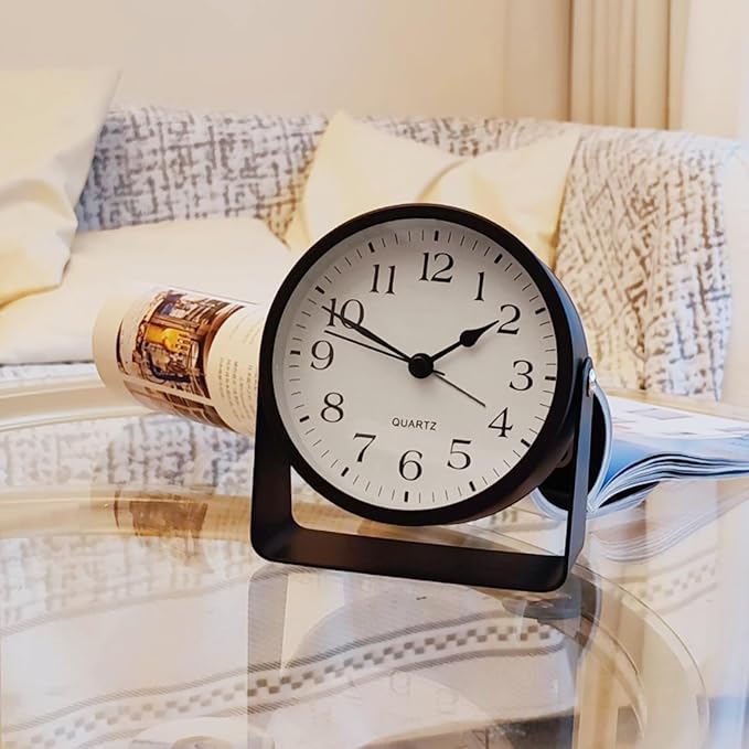 Small Desk Analog Alarm Clock Battery Powered Mini Metal Nightstand Shelf Clock with Light Side Table Decor Mid Century Cute Alarm Clock for Heavy Sleepers Bedrooms Desktop Living Room Bathroom