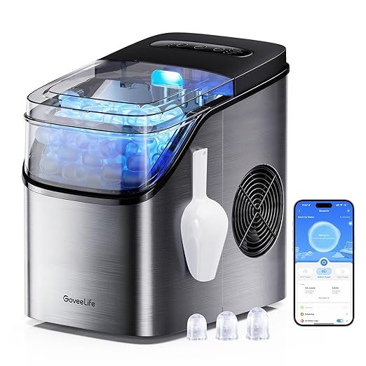GoveeLife Smart Ice Maker Countertop, Portable Ice Machine with Voice Control, 9 Ice Cubes in 6 Minutes 3 Sizes, 26lbs/24Hrs, Self Cleaning RGB Lights, Quiet Ice Maker with Scoop for Kitchen Silver