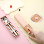 DEVICO Travel Utensils with Case, 4Pcs Korean Chopsticks Fork and Spoon Set | 18/8 Stainless Steel Portable Cutlery Set, Reusable Silverware for Lunch Box/Camping/Work/School, Dishwasher Safe, Pink
