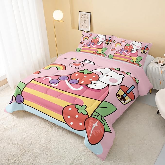 Kawaii Bear Comforter Twin,Pink Bear Comforter Set for Kids Teens Girls,3Pcs Bedding Set Printed Comforter with 2 Pillowcases,Down Alternative,Soft and Lightweight，Twin Size