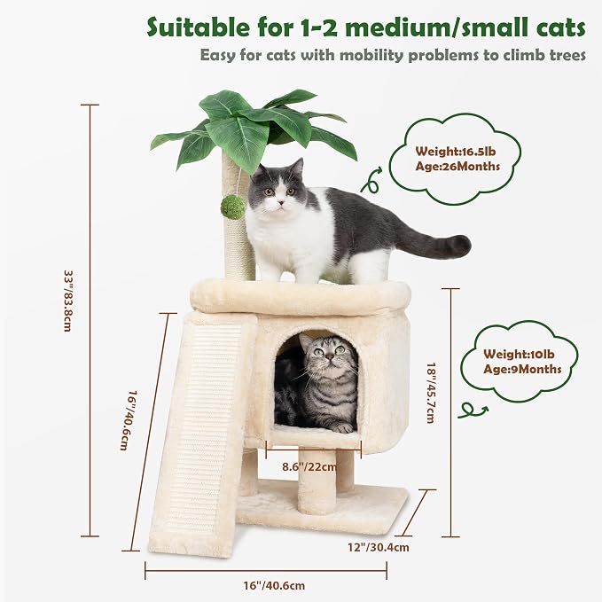 Meowoou Palm Cat Tree Tower for Indoor Cats with Cozy Cat Condo, 33'' Natural Sisal Scratching Posts and Plush Pom-pom for Small Kitty